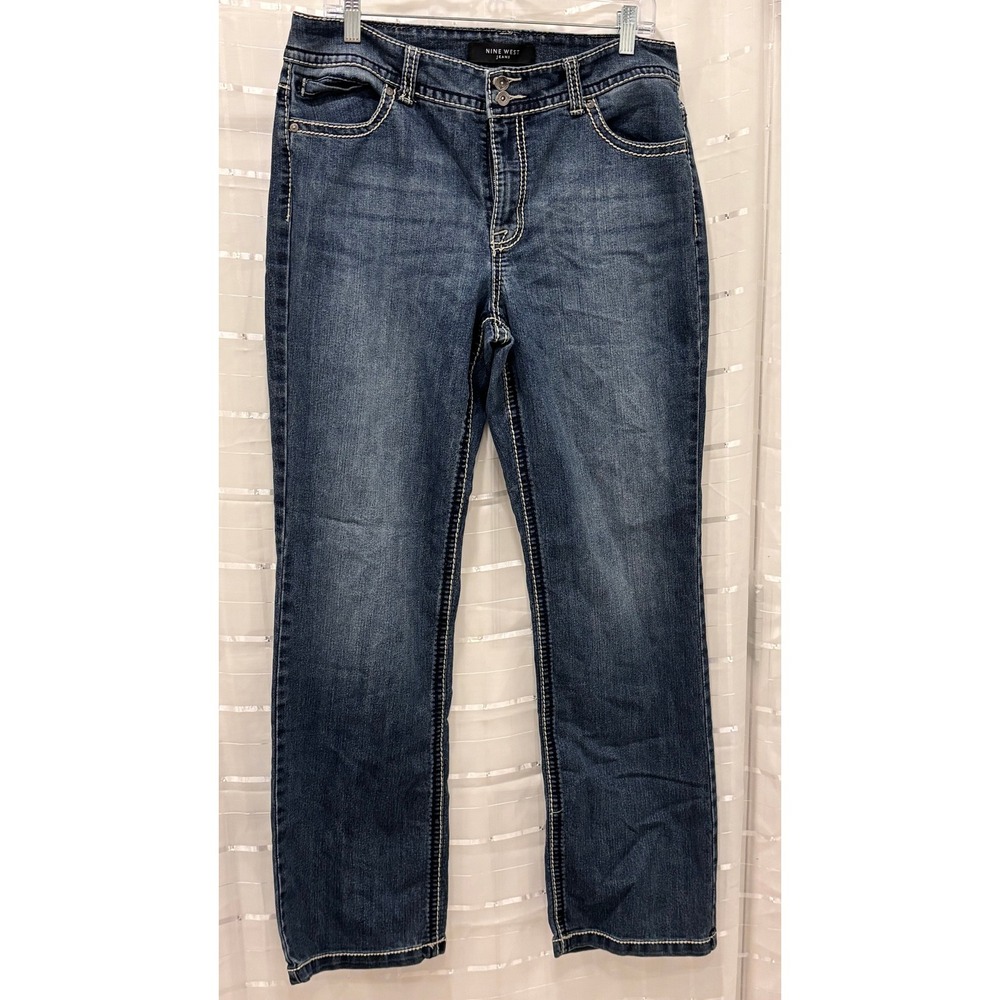 Nine West Jeans Womens 14/31 Straight Leg Dark Wash Embroidered Rhinestone Blue